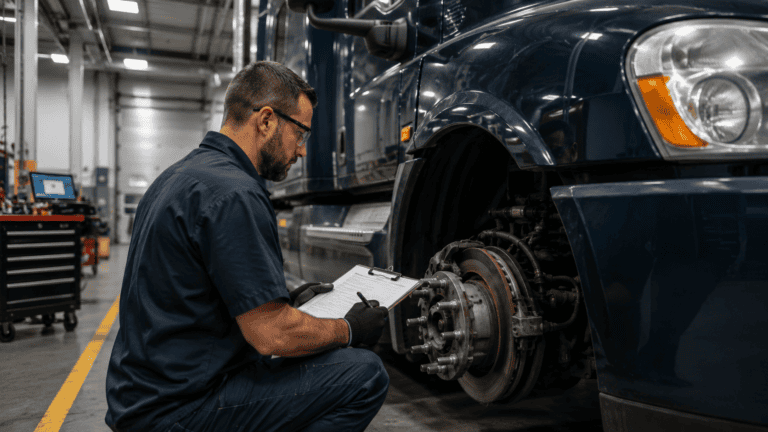 Mechanic performing DOT annual inspection on commercial truck brake assembly under 49 CFR §396.19 qualification requirements