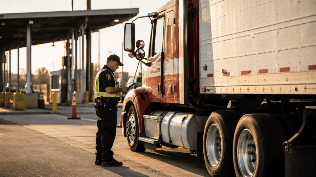 DOT compliance enforcement officer conducting roadside inspection of a commercial semi-truck in 2026