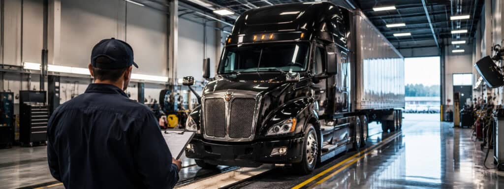 Commercial truck inspector reviewing a semi-truck during DOT annual inspection