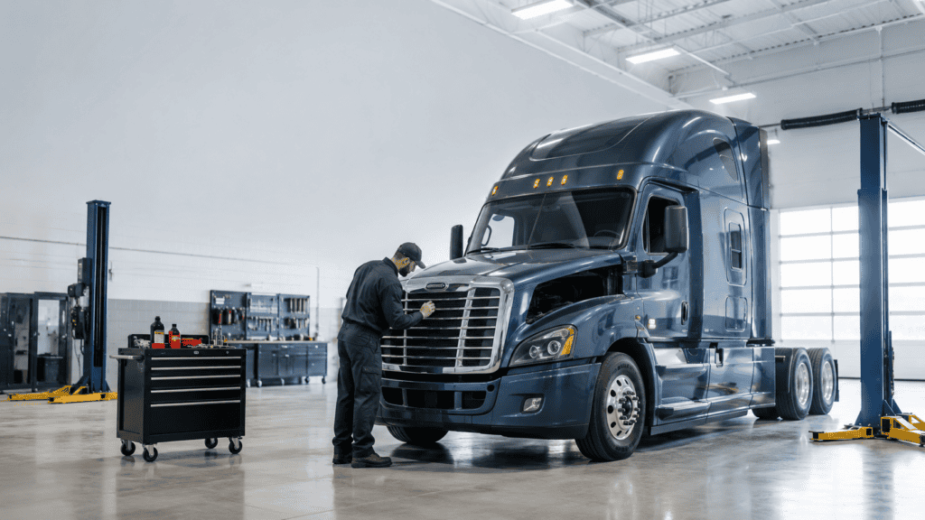 Commercial truck undergoing a 49 CFR 396.17 annual periodic inspection at a service bay
