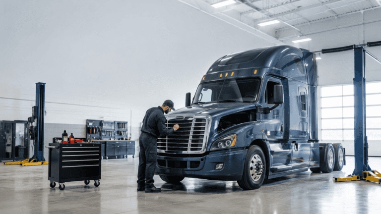 Commercial truck undergoing a 49 CFR 396.17 annual periodic inspection at a service bay