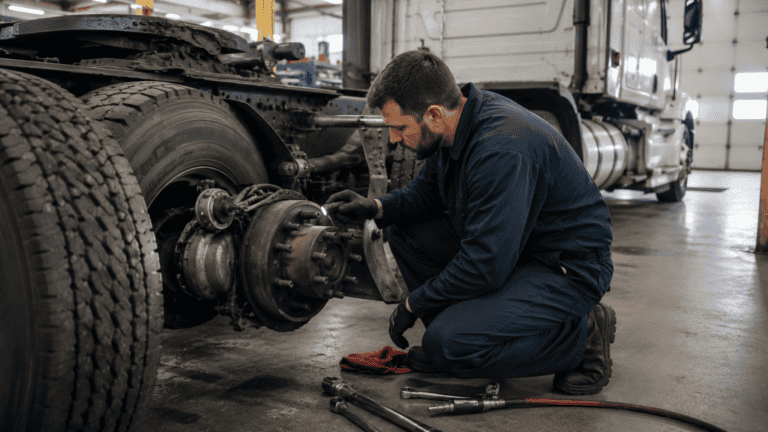 Mechanic performing DOT air brake certification inspection on commercial truck under 49 CFR §396.25