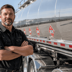 DOT hazmat certified truck driver standing in front of a placarded fuel tanker
