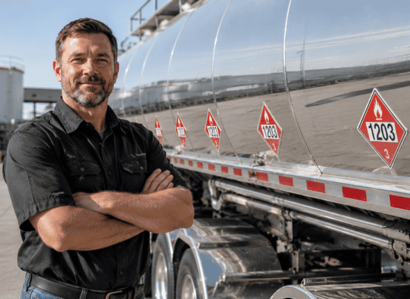 DOT hazmat certified truck driver standing in front of a placarded fuel tanker