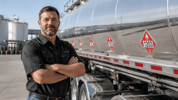 DOT hazmat certified truck driver standing in front of a placarded fuel tanker