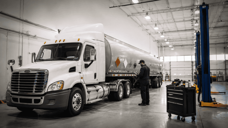 Placarded hazmat tanker truck undergoing a DOT annual inspection at a maintenance facility