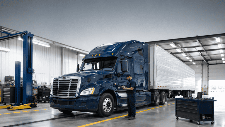 Commercial truck undergoing a DOT annual inspection at an Illinois facility