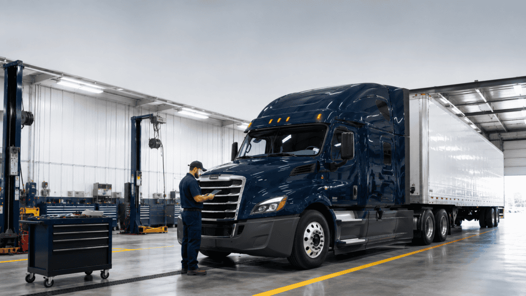Commercial truck undergoing a DOT annual inspection at an Ohio facility