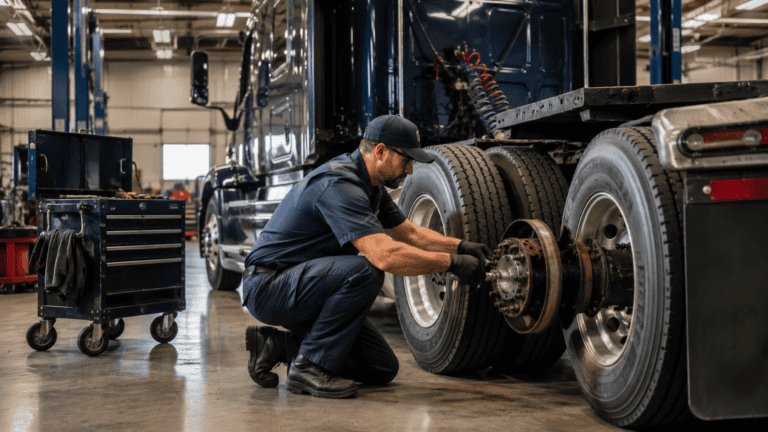 Mechanic inspecting the brake system on a commercial truck