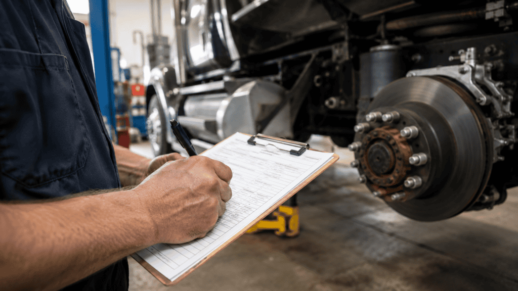 Mechanic completing a 396.25 brake inspector qualification form in a truck shop