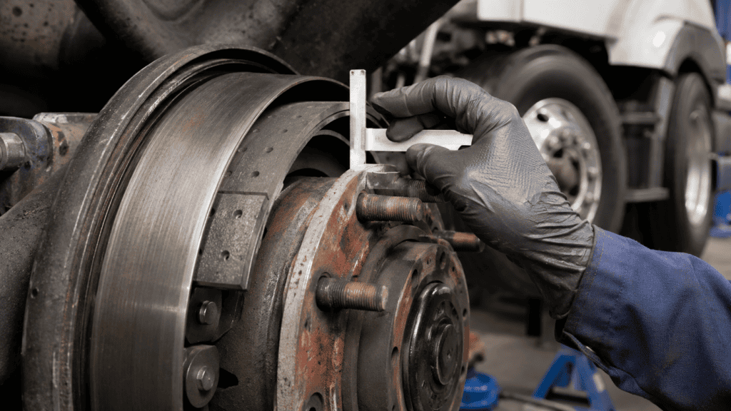 Mechanic inspecting a commercial truck brake rotor and hub during a DOT brake inspection