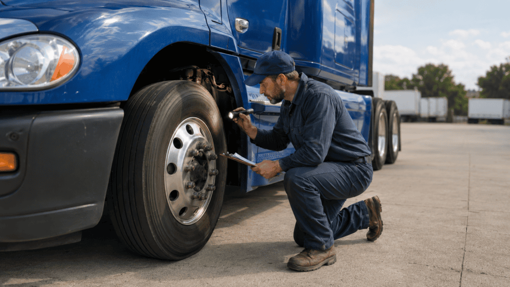Owner-operator performing his own DOT annual inspection on his semi-truck