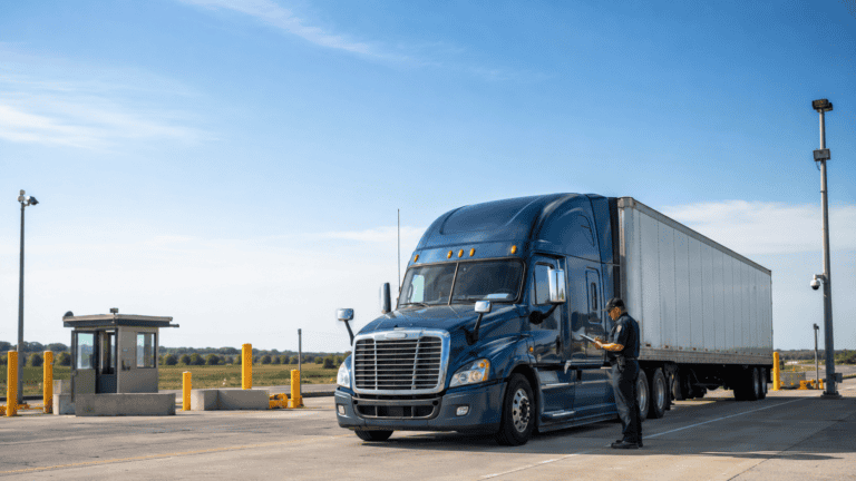 Commercial truck being inspected at a roadside weigh station
