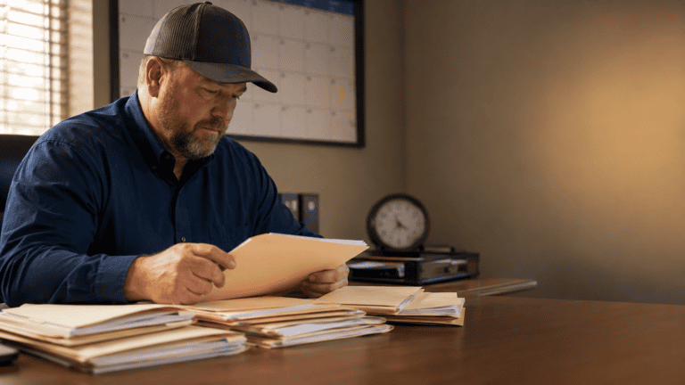 Fleet safety manager reviewing hazmat employee training records at a desk