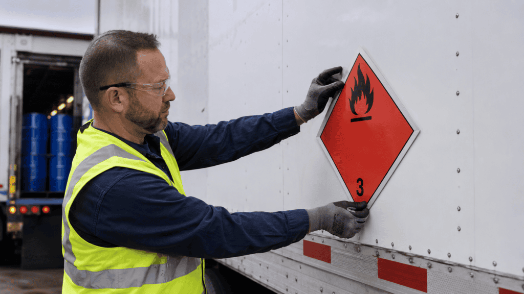 Worker applying a DOT Class 3 hazmat placard to a truck trailer