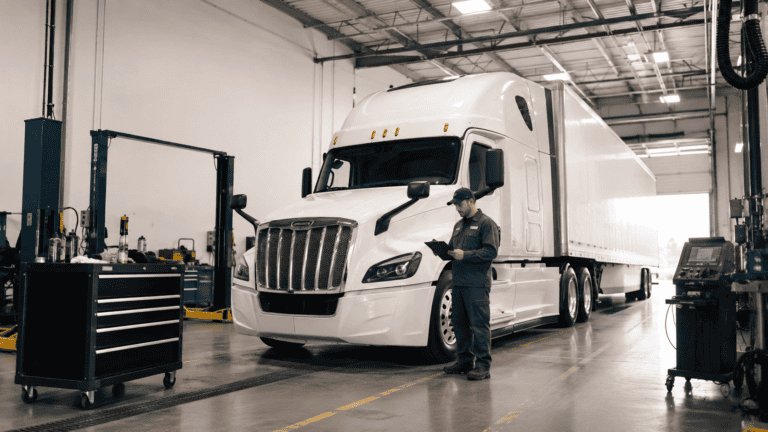 Commercial truck undergoing a DOT annual inspection at a Pennsylvania facility