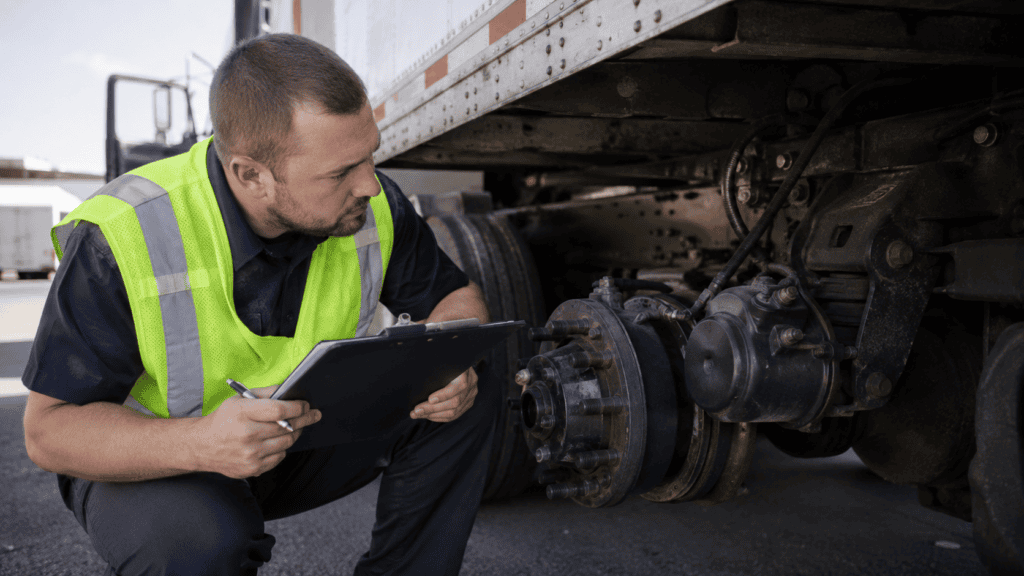 DOT officer performing a CVSA Level IV special inspection on a commercial truck's brakes