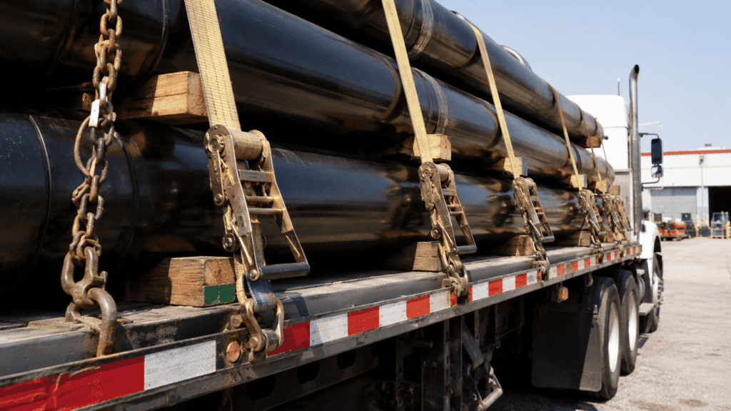 Flatbed truck cargo secured with tiedown straps meeting DOT cargo securement rules