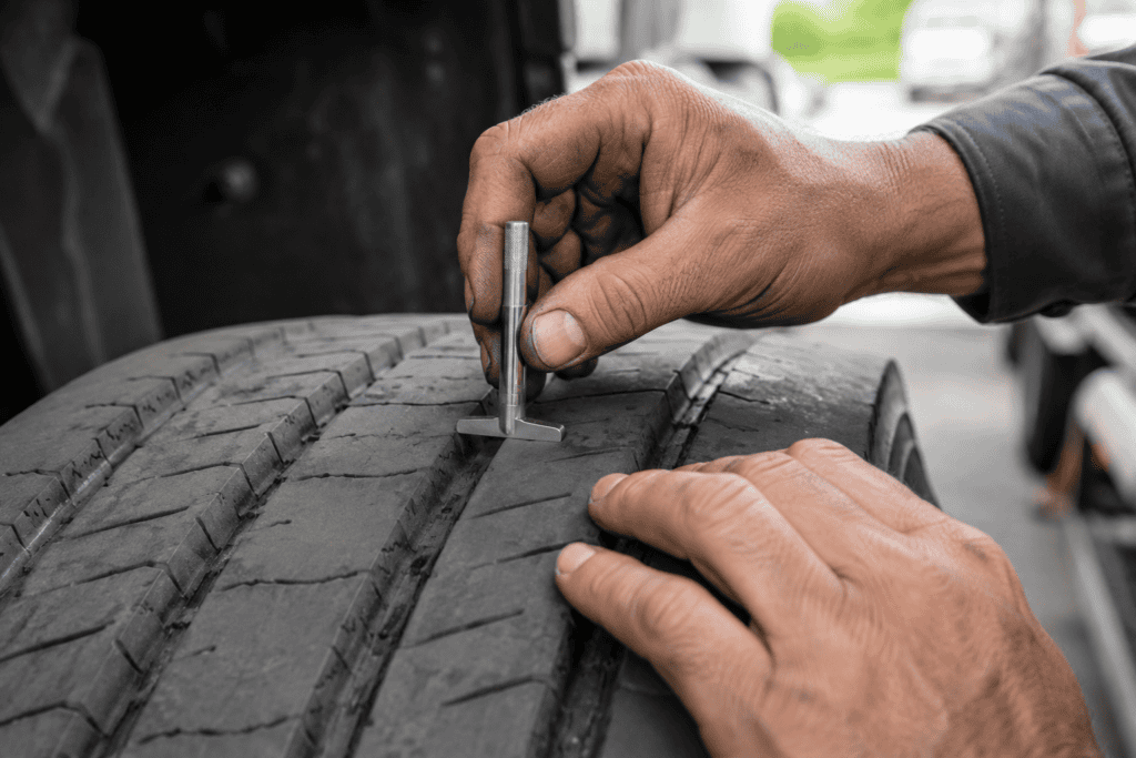 Mechanic measuring commercial truck tire tread depth with a gauge placed in a major tread groove, as required under 49 CFR 393.75