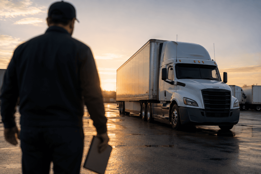 Commercial driver inspecting a tire during a pre-trip inspection under 49 CFR 392.7