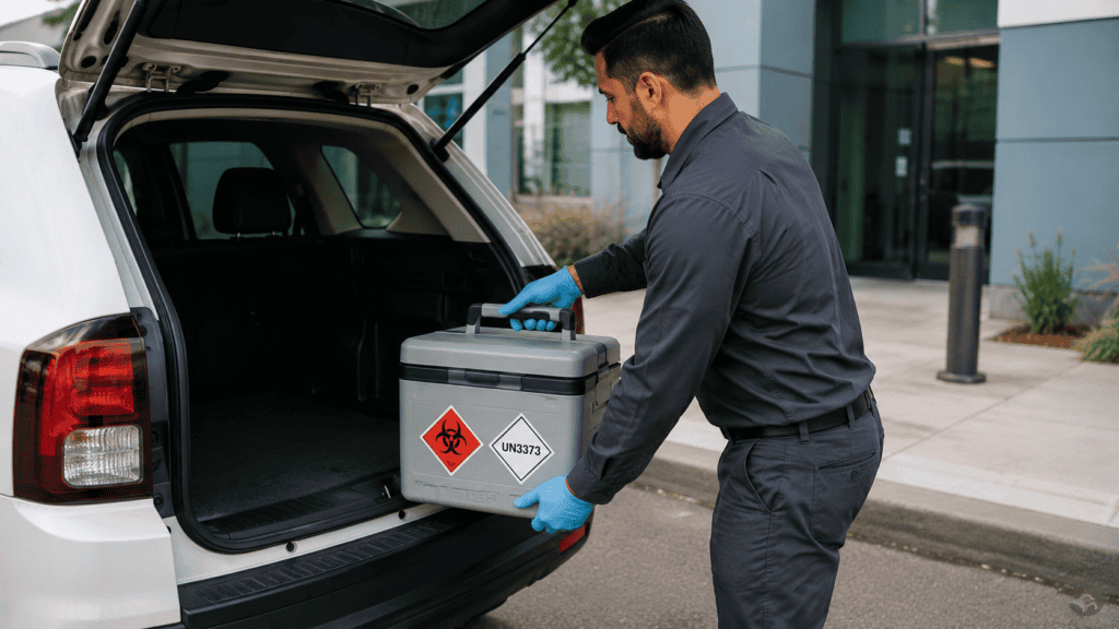 Medical courier transporting UN3373 specimens requiring DOT hazmat training