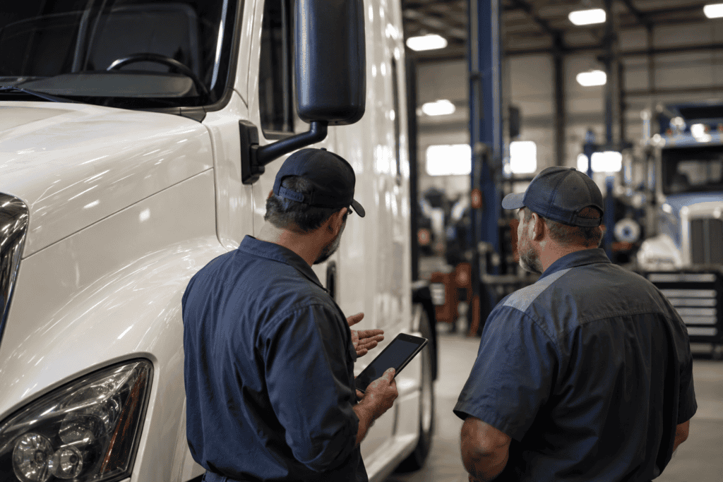 Fleet mechanics reviewing DOT inspection requirements in a maintenance shop alongside a commercial truck
