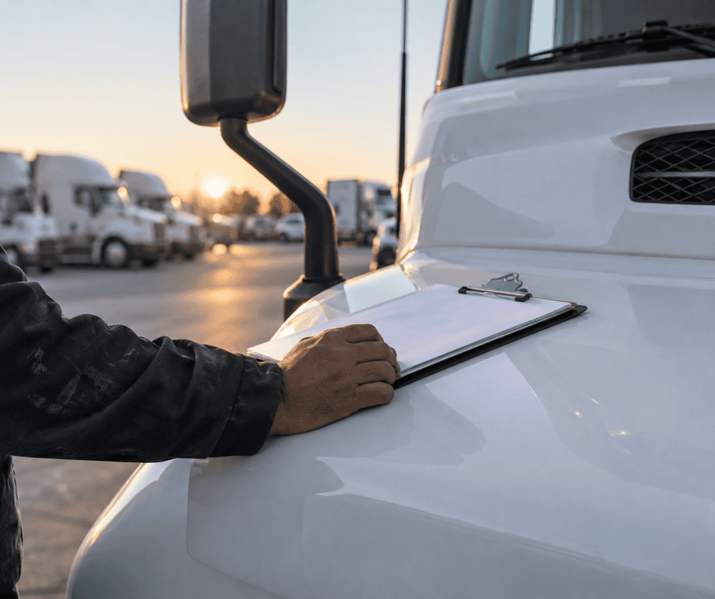 Mechanic reviewing vehicle maintenance records on a truck hood in a fleet yard, the documentation an FMCSA new entrant safety audit examines