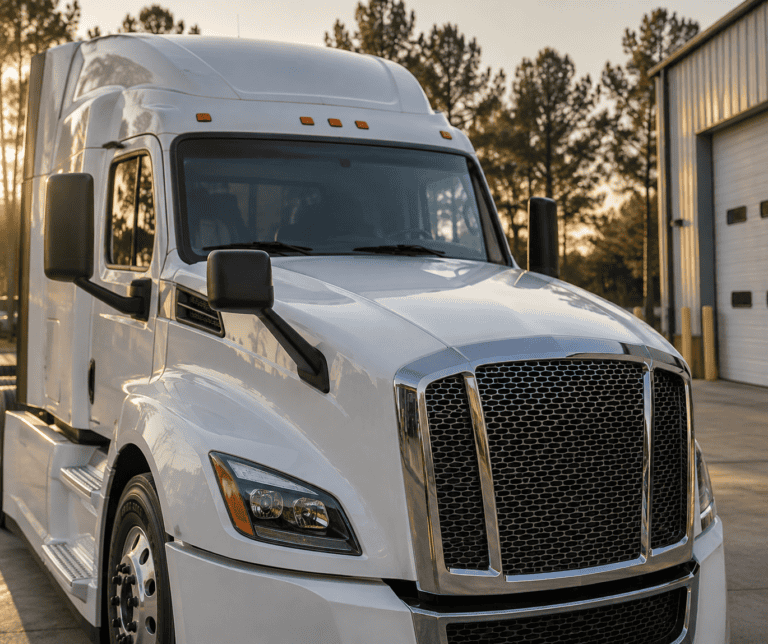 Commercial truck at a maintenance facility in Georgia, where carriers meet the federal annual inspection requirement under 49 CFR 396.17